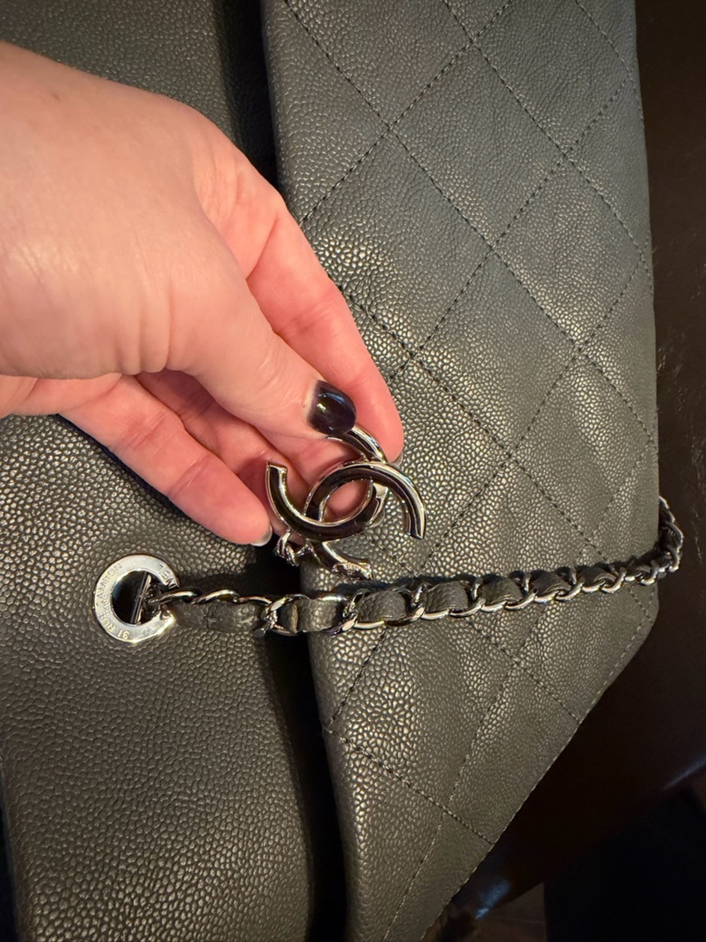 CHANEL Gray Quilted Caviar Leather Tote with Chain Straps - Picture 9 of 12